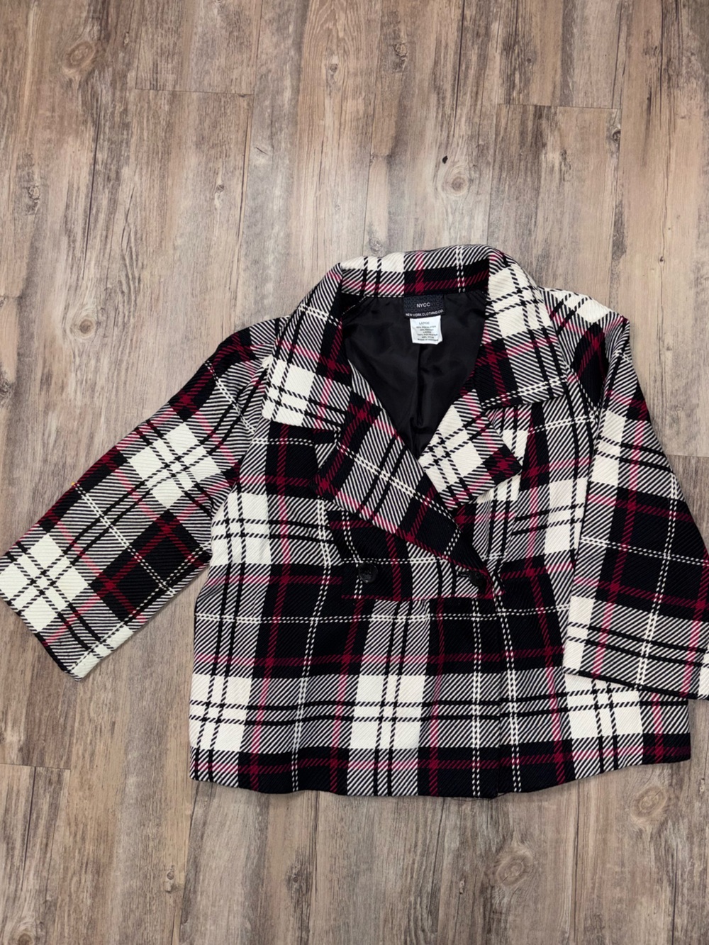 NYCC Plaid Pea Coat in Black, White & Pink - Women's Short Peacoat